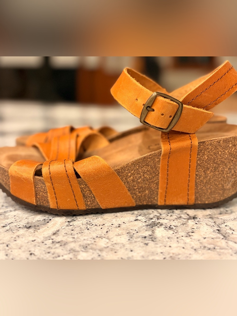 Women’s Leather Cognac Wedge Sandals with Ankle Strap, Uma, Sz 37